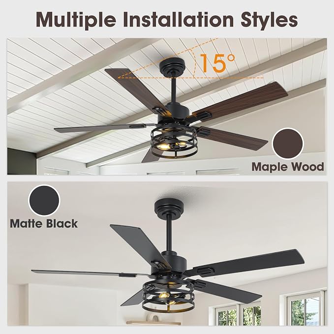 52" Farmhouse Ceiling Fans with Lights and Remote, Outdoor Ceiling Fan Dual Finish 5 Blades 6-Speed Quiet and Reversible DC