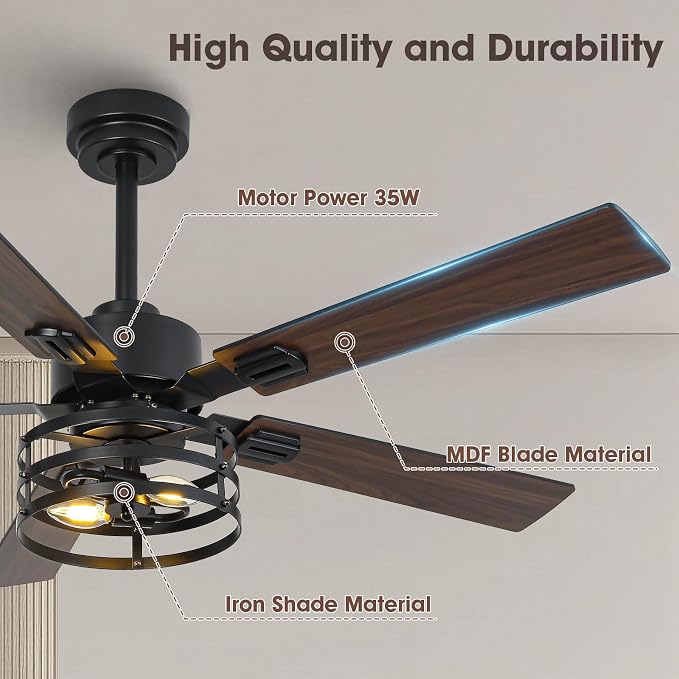 52" Farmhouse Ceiling Fans with Lights and Remote, Outdoor Ceiling Fan Dual Finish 5 Blades 6-Speed Quiet and Reversible DC