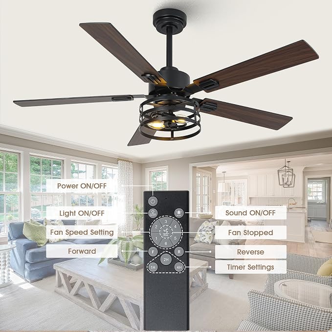 52" Farmhouse Ceiling Fans with Lights and Remote, Outdoor Ceiling Fan Dual Finish 5 Blades 6-Speed Quiet and Reversible DC
