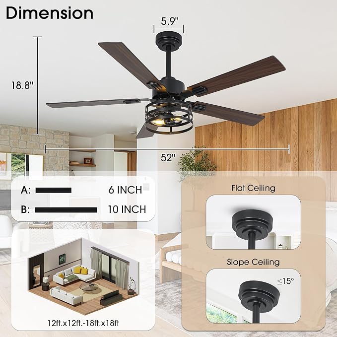 52" Farmhouse Ceiling Fans with Lights and Remote, Outdoor Ceiling Fan Dual Finish 5 Blades 6-Speed Quiet and Reversible DC