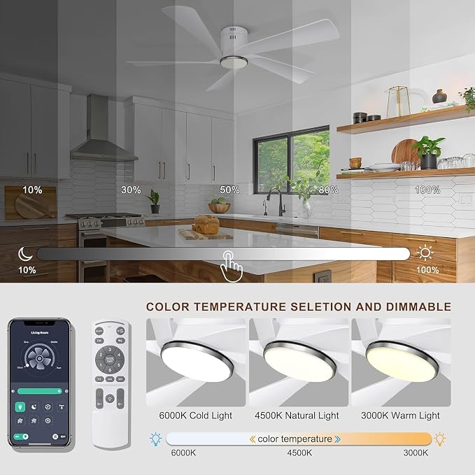 52” Flush Mount Ceiling Fan with Lights, Remote & APP Control Low Profile Indoor Outdoor Ceiling Fans, Dimmable, Quiet DC
