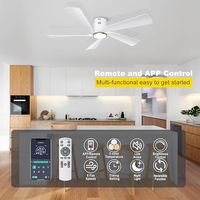 52” Flush Mount Ceiling Fan with Lights, Remote & APP Control Low Profile Indoor Outdoor Ceiling Fans, Dimmable, Quiet DC