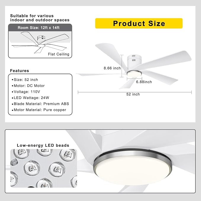 52” Flush Mount Ceiling Fan with Lights, Remote & APP Control Low Profile Indoor Outdoor Ceiling Fans, Dimmable, Quiet DC