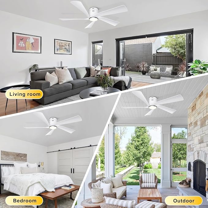 52” Flush Mount Ceiling Fan with Lights, Remote & APP Control Low Profile Indoor Outdoor Ceiling Fans, Dimmable, Quiet DC