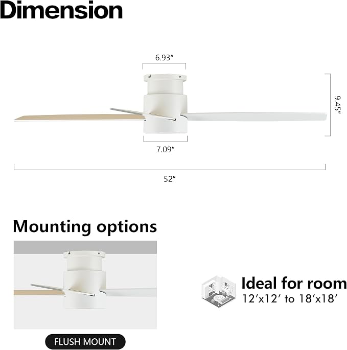 52" Flush Mount DC Ceiling Fan without Lights, 4 Reversible Blades, Ultra Quiet 6-Speed DC Motor, Hugger Low, alternate view