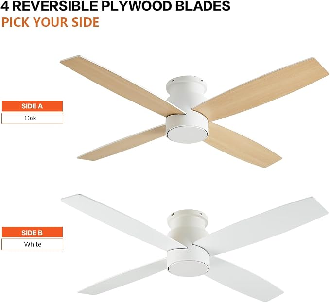 52" Flush Mount DC Ceiling Fan without Lights, 4 Reversible Blades, Ultra Quiet 6-Speed DC Motor, Hugger Low, alternate view
