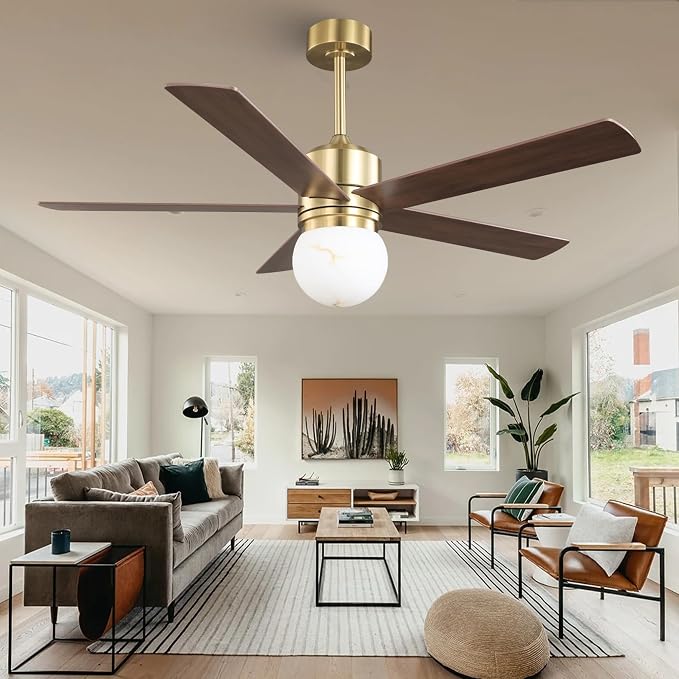 52" Gold Ceiling Fan with Light and Remote, Modern Brushed Gold Indoor Ceiling Fan, Reversible DC Motor, Dimmable LED 3 Color