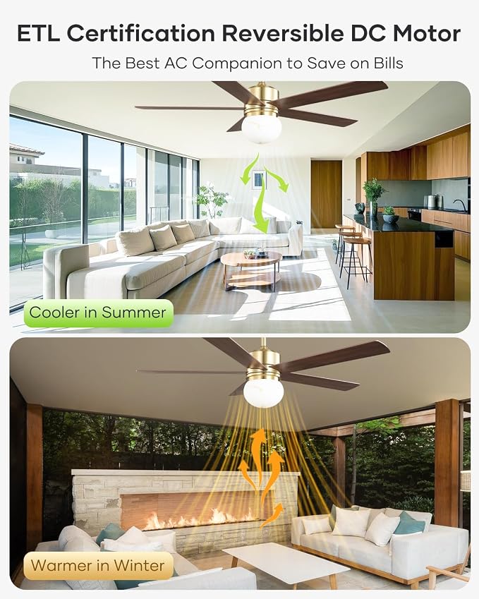 52" Gold Ceiling Fan with Light and Remote, Modern Brushed Gold Indoor Ceiling Fan, Reversible DC Motor, Dimmable LED 3 Color
