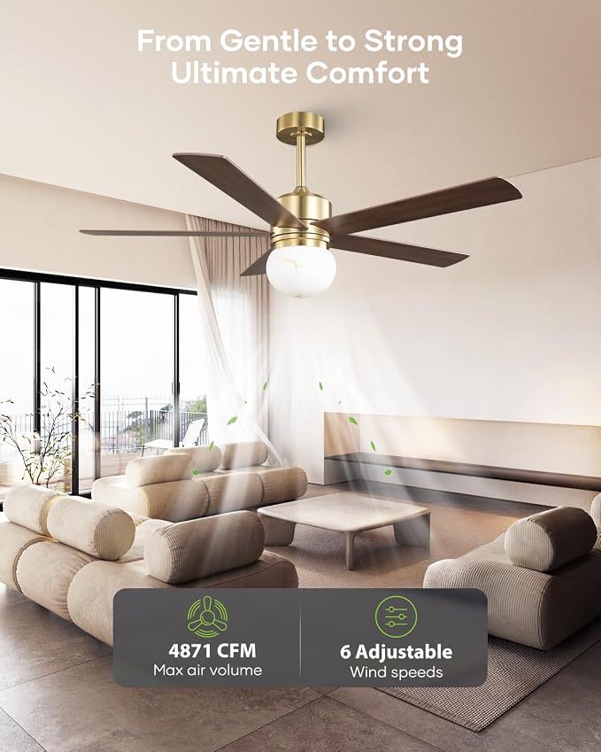 52" Gold Ceiling Fan with Light and Remote, Modern Brushed Gold Indoor Ceiling Fan, Reversible DC Motor, Dimmable LED 3 Color