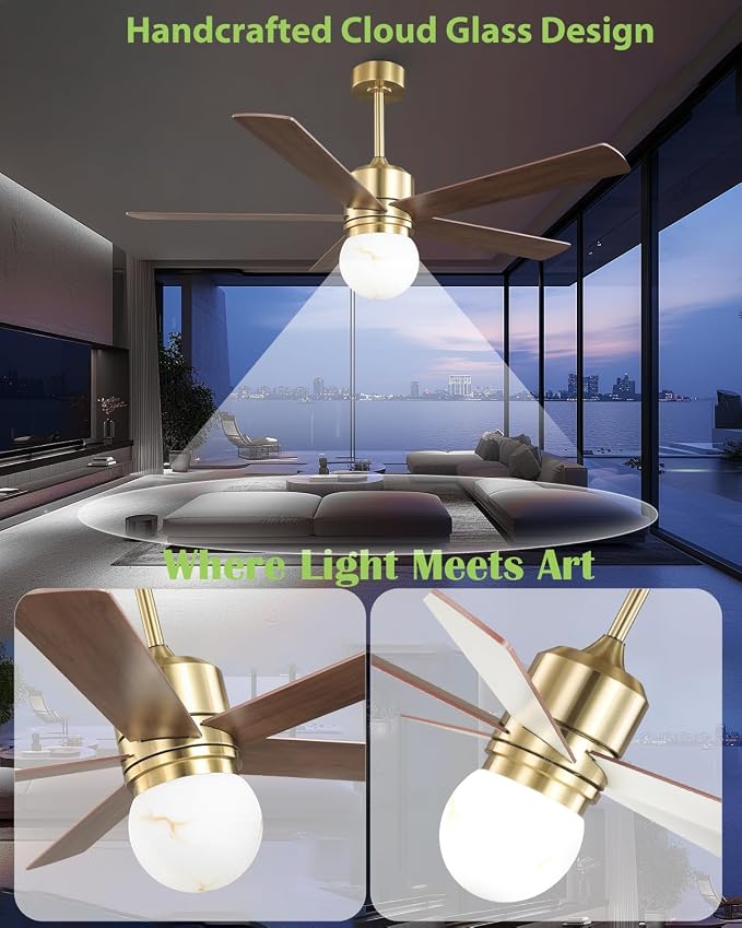 52" Gold Ceiling Fan with Light and Remote, Modern Brushed Gold Indoor Ceiling Fan, Reversible DC Motor, Dimmable LED 3 Color