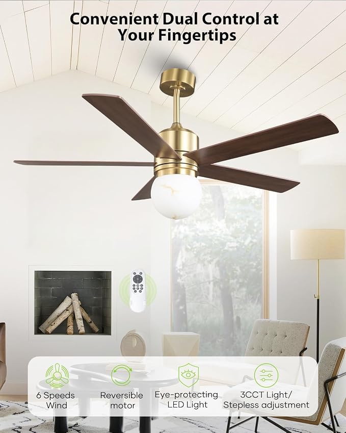 52" Gold Ceiling Fan with Light and Remote, Modern Brushed Gold Indoor Ceiling Fan, Reversible DC Motor, Dimmable LED 3 Color