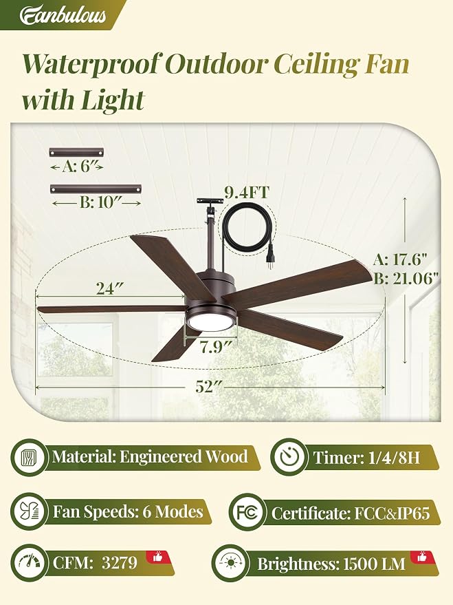52 In Outdoor Ceiling Fan Hanging Fan Outdoor Ceiling Fans, Waterproof, with Light, Remote, 52 In, Wet Rated, IP65, 6 Speed