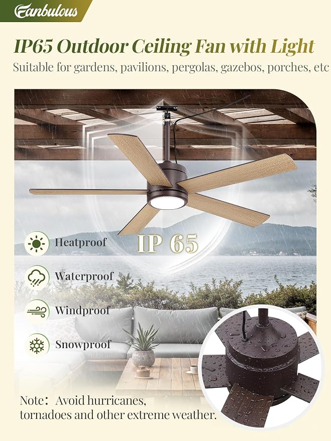 52 In Outdoor Ceiling Fan Hanging Fan Outdoor Ceiling Fans, Waterproof, with Light, Remote, 52 In, Wet Rated, IP65, 6 Speed