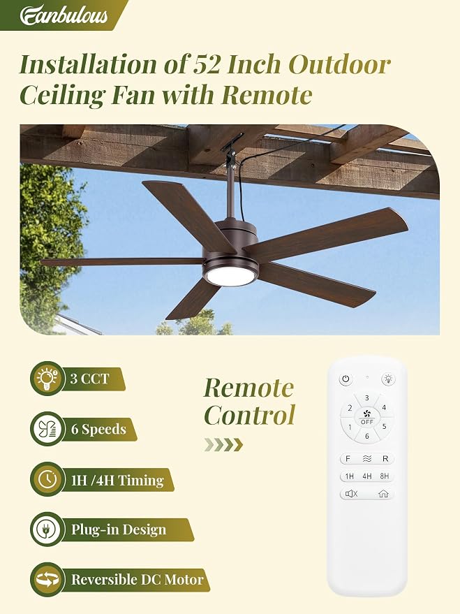 52 In Outdoor Ceiling Fan Hanging Fan Outdoor Ceiling Fans, Waterproof, with Light, Remote, 52 In, Wet Rated, IP65, 6 Speed