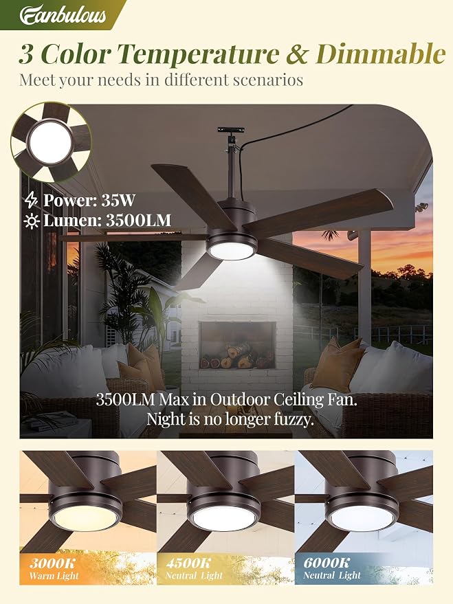 52 In Outdoor Ceiling Fan Hanging Fan Outdoor Ceiling Fans, Waterproof, with Light, Remote, 52 In, Wet Rated, IP65, 6 Speed