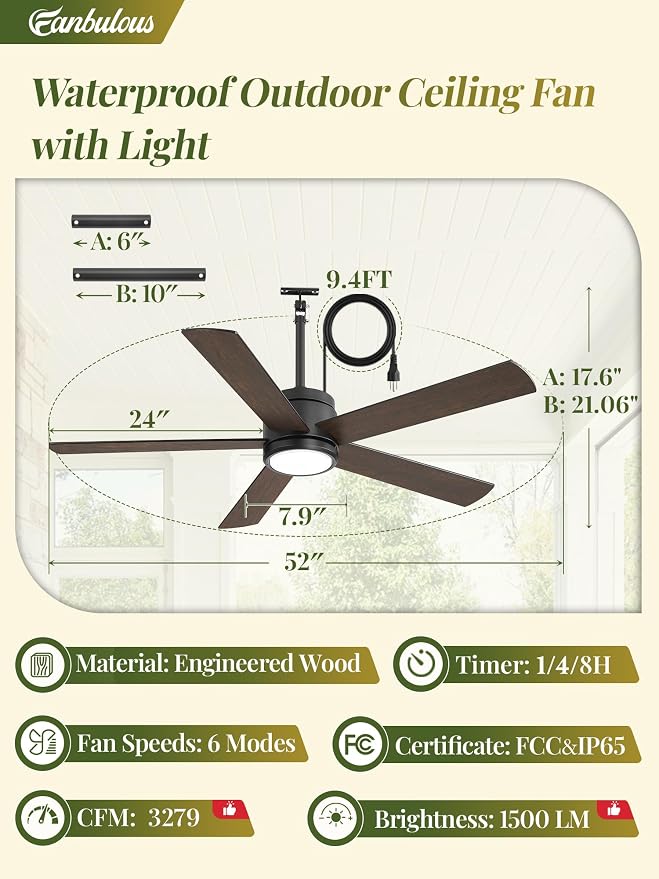 52 In Outdoor Ceiling Fan Hanging Fan Outdoor Ceiling Fans, Waterproof, with Light, Remote, 52 In, Wet Rated, IP65, 6 Speed