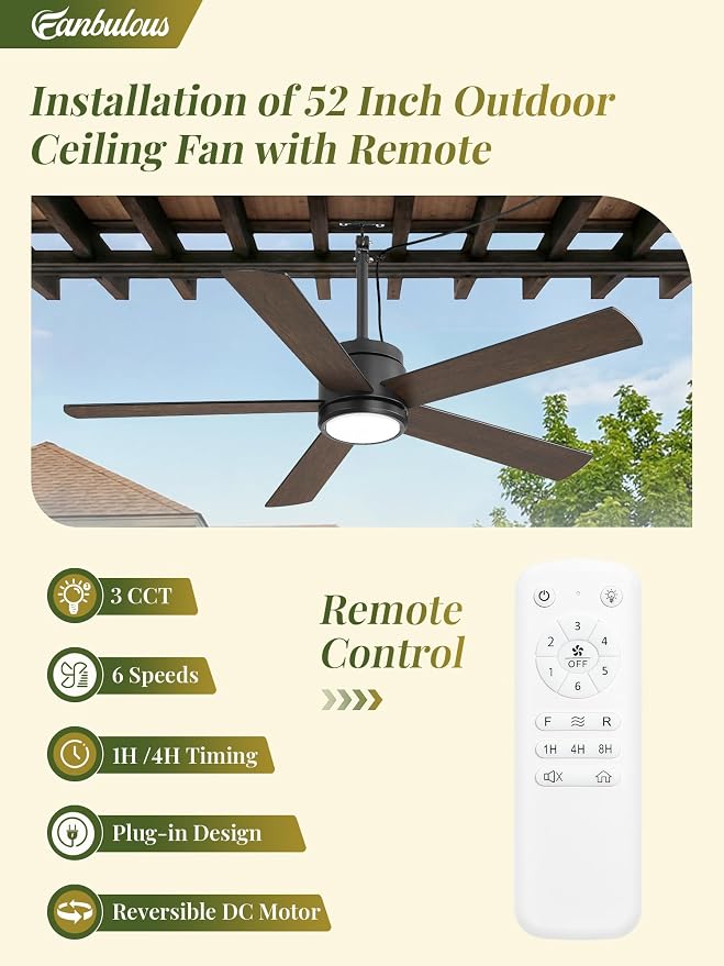 52 In Outdoor Ceiling Fan Hanging Fan Outdoor Ceiling Fans, Waterproof, with Light, Remote, 52 In, Wet Rated, IP65, 6 Speed