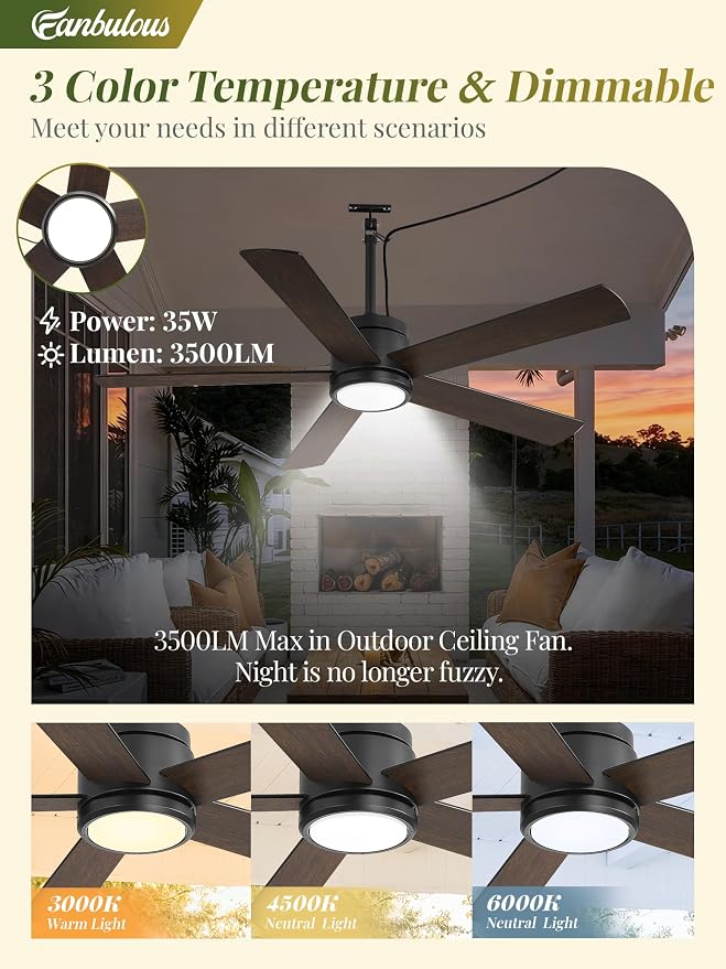 52 In Outdoor Ceiling Fan Hanging Fan Outdoor Ceiling Fans, Waterproof, with Light, Remote, 52 In, Wet Rated, IP65, 6 Speed