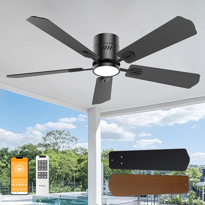 52 inch 5 Blades Black Ceiling Fans with Lights,Flush Mount,6CCT, Low Profile Ceiling Fan with Light and Remote Control,DC