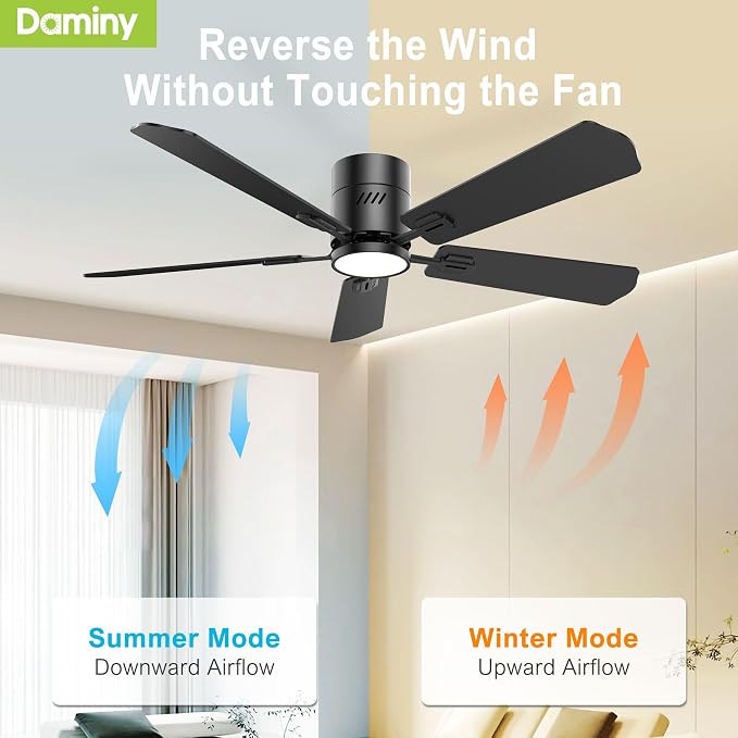 52 inch 5 Blades Black Ceiling Fans with Lights,Flush Mount,6CCT, Low Profile Ceiling Fan with Light and Remote Control,DC
