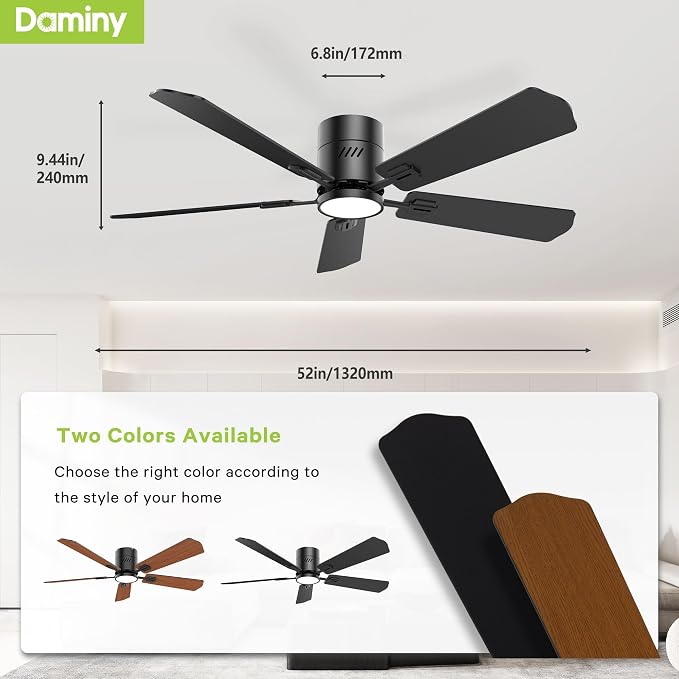 52 inch 5 Blades Black Ceiling Fans with Lights,Flush Mount,6CCT, Low Profile Ceiling Fan with Light and Remote Control,DC