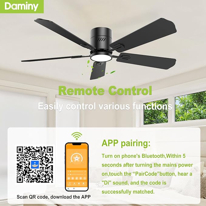 52 inch 5 Blades Black Ceiling Fans with Lights,Flush Mount,6CCT, Low Profile Ceiling Fan with Light and Remote Control,DC