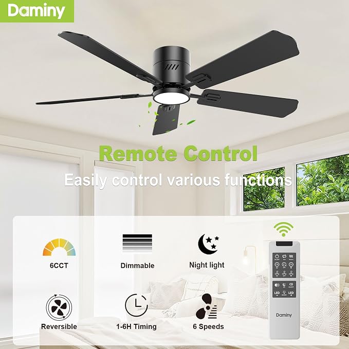 52 inch 5 Blades Black Ceiling Fans with Lights,Flush Mount,6CCT, Low Profile Ceiling Fan with Light and Remote Control,DC