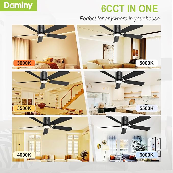 52 inch 5 Blades Black Ceiling Fans with Lights,Flush Mount,6CCT, Low Profile Ceiling Fan with Light and Remote Control,DC
