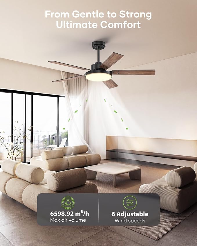 52 inch Black Ceiling fan with Light and Remote/APP, Ceiling Fans with Lights, 3CCT, Reversible 6 Speeds Quiet, alternate