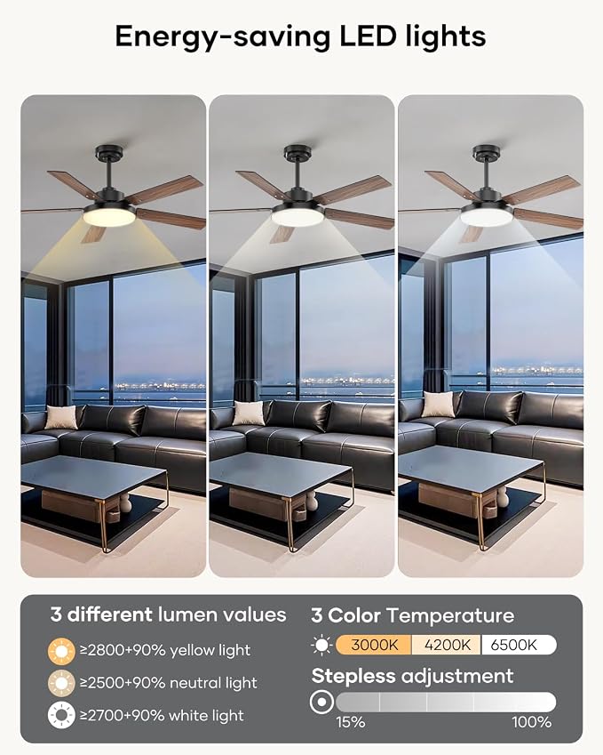 52 inch Black Ceiling fan with Light and Remote/APP, Ceiling Fans with Lights, 3CCT, Reversible 6 Speeds Quiet, alternate