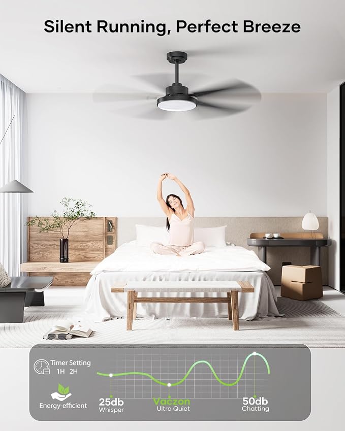 52 inch Black Ceiling fan with Light and Remote/APP, Ceiling Fans with Lights, 3CCT, Reversible 6 Speeds Quiet, alternate