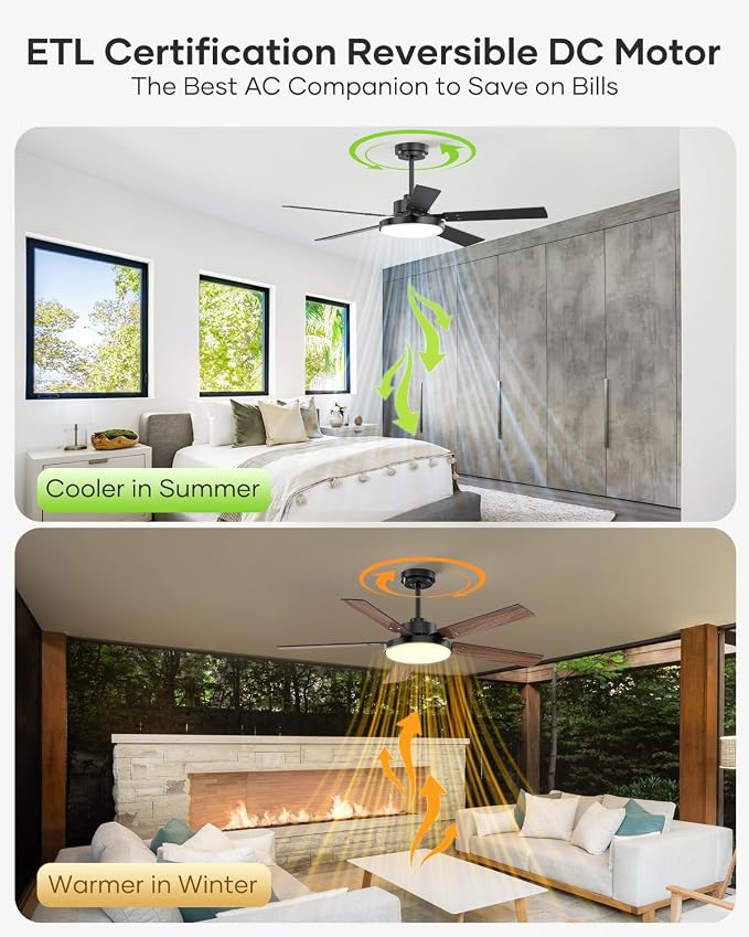 52 inch Black Ceiling fan with Light and Remote/APP, Ceiling Fans with Lights, 3CCT, Reversible 6 Speeds Quiet, alternate