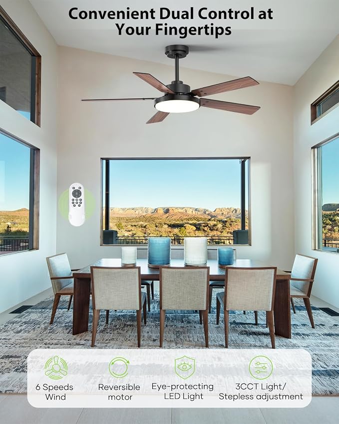 52 inch Black Ceiling fan with Light and Remote/APP, Ceiling Fans with Lights, 3CCT, Reversible 6 Speeds Quiet, alternate