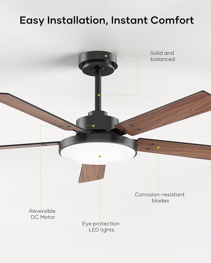 52 inch Black Ceiling fan with Light and Remote/APP, Ceiling Fans with Lights, 3CCT, Reversible 6 Speeds Quiet, alternate