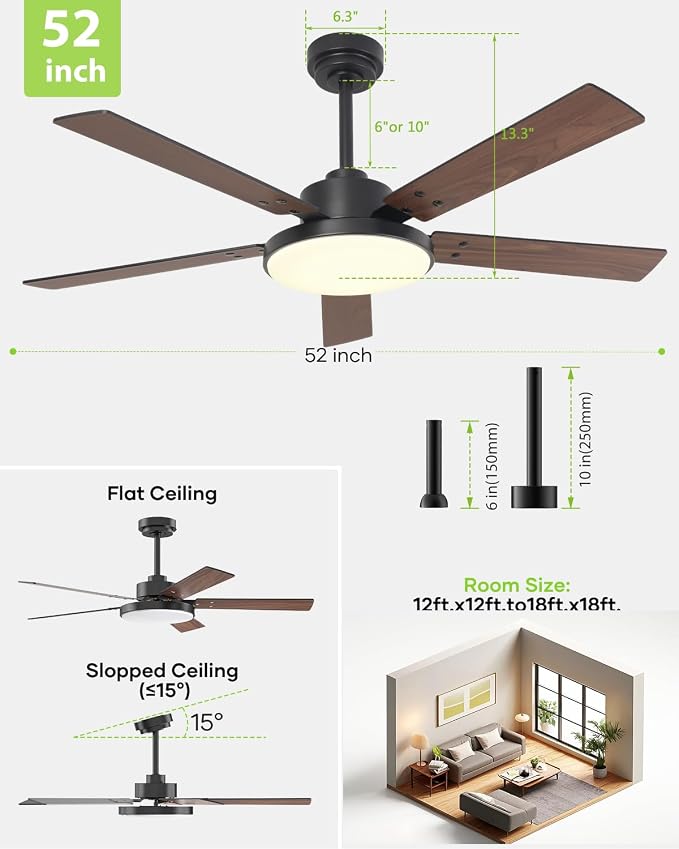52 inch Black Ceiling fan with Light and Remote/APP, Ceiling Fans with Lights, 3CCT, Reversible 6 Speeds Quiet, alternate