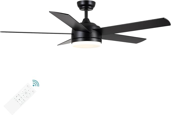 52 Inch Black Ceiling Fan with Light and Remote Control.Noiseless,Dimmable,3CCT,6 Speeds Reversible, DC Ceiling Fans for