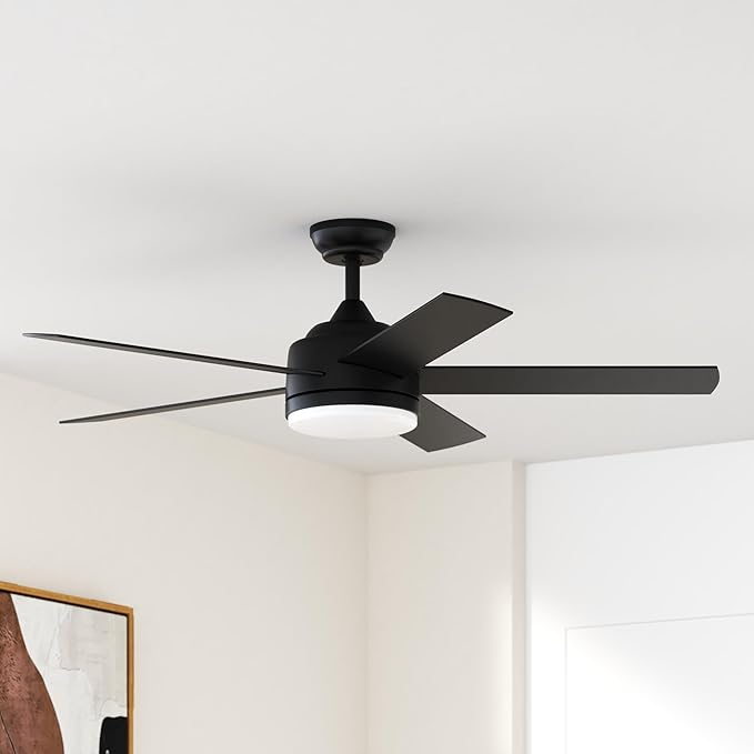 52 Inch Black Ceiling Fan with Light and Remote Control.Noiseless,Dimmable,3CCT,6 Speeds Reversible, DC Ceiling Fans for