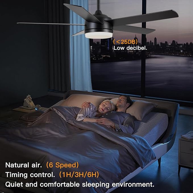 52 Inch Black Ceiling Fan with Light and Remote Control.Noiseless,Dimmable,3CCT,6 Speeds Reversible, DC Ceiling Fans for