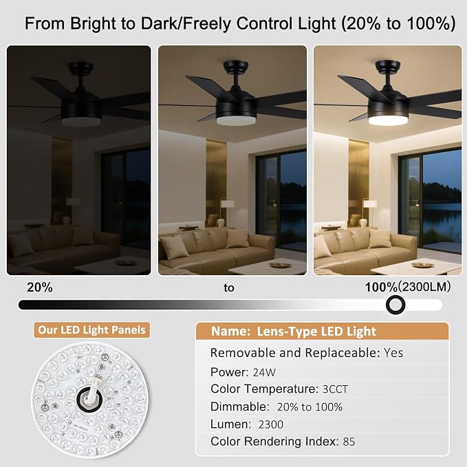 52 Inch Black Ceiling Fan with Light and Remote Control.Noiseless,Dimmable,3CCT,6 Speeds Reversible, DC Ceiling Fans for