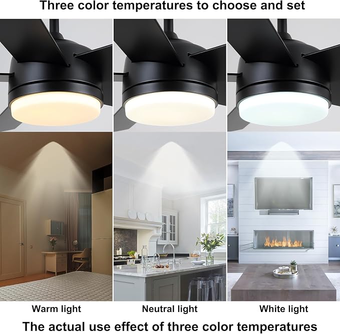 52 Inch Black Ceiling Fan with Light and Remote Control.Noiseless,Dimmable,3CCT,6 Speeds Reversible, DC Ceiling Fans for