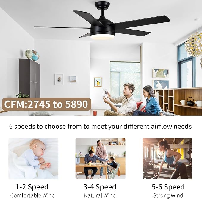 52 Inch Black Ceiling Fan with Light and Remote Control.Noiseless,Dimmable,3CCT,6 Speeds Reversible, DC Ceiling Fans for