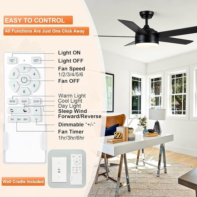 52 Inch Black Ceiling Fan with Light and Remote Control.Noiseless,Dimmable,3CCT,6 Speeds Reversible, DC Ceiling Fans for