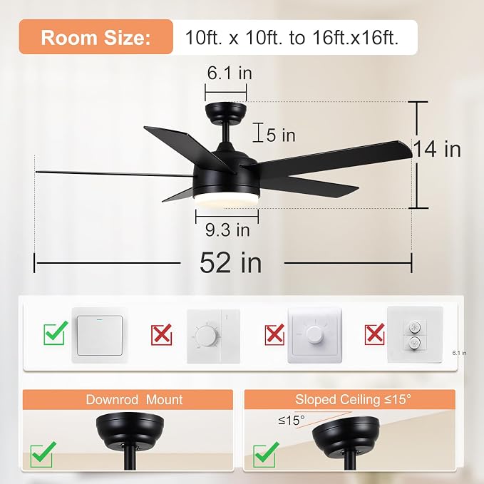 52 Inch Black Ceiling Fan with Light and Remote Control.Noiseless,Dimmable,3CCT,6 Speeds Reversible, DC Ceiling Fans for