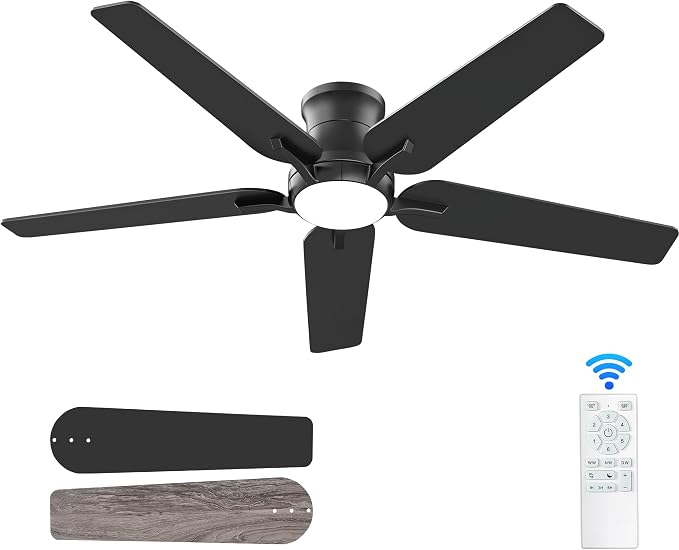 52 Inch Black Ceiling Fans with Lights and Remote, Flush Mount Low Profile Ceiling Fan for Bedroom, Living Room, Patio