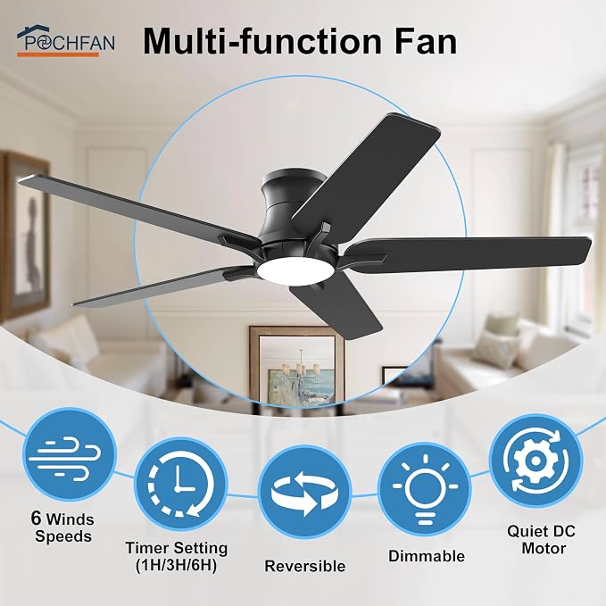 52 Inch Black Ceiling Fans with Lights and Remote, Flush Mount Low Profile Ceiling Fan for Bedroom, Living Room, Patio