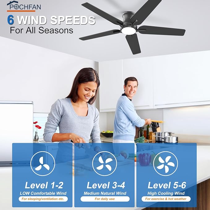 52 Inch Black Ceiling Fans with Lights and Remote, Flush Mount Low Profile Ceiling Fan for Bedroom, Living Room, Patio