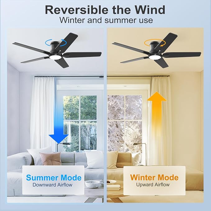 52 Inch Black Ceiling Fans with Lights and Remote, Flush Mount Low Profile Ceiling Fan for Bedroom, Living Room, Patio