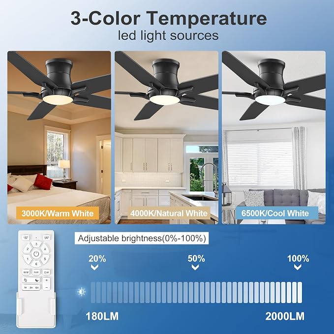 52 Inch Black Ceiling Fans with Lights and Remote, Flush Mount Low Profile Ceiling Fan for Bedroom, Living Room, Patio