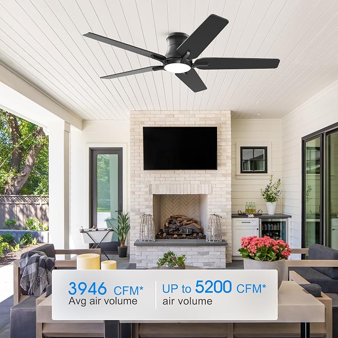 52 Inch Black Ceiling Fans with Lights and Remote, Flush Mount Low Profile Ceiling Fan for Bedroom, Living Room, Patio