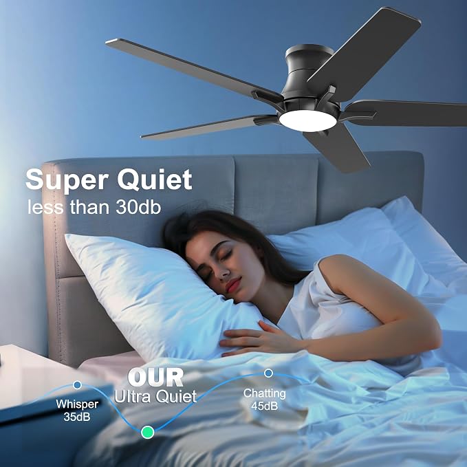 52 Inch Black Ceiling Fans with Lights and Remote, Flush Mount Low Profile Ceiling Fan for Bedroom, Living Room, Patio